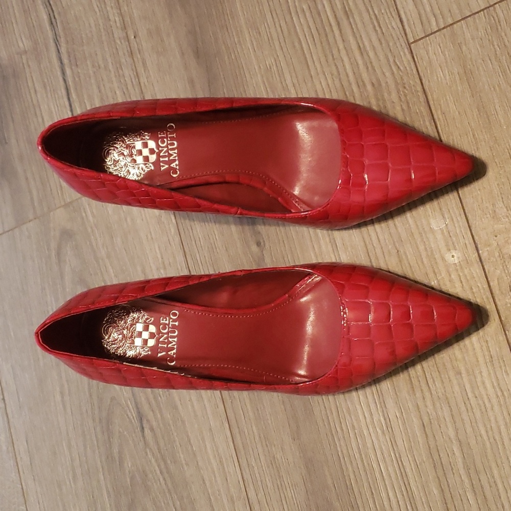Red snakeskin heels